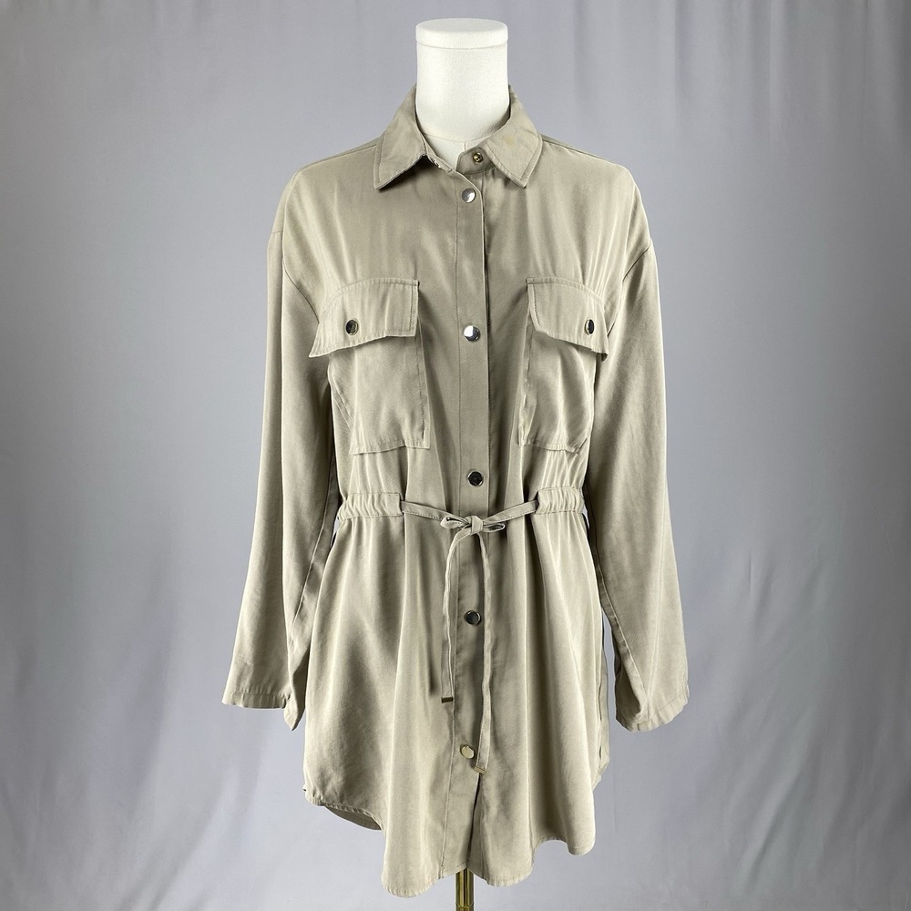 Zara Utility Shirt Jacket Women Sz Sm Beige Tie Waist‎ Safari Utility Gorpcore